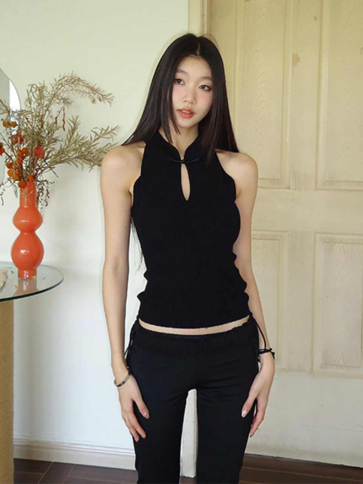 Stand Collar Retro Buckle Black Knitted Vest Women's Short Sleeveless Top
