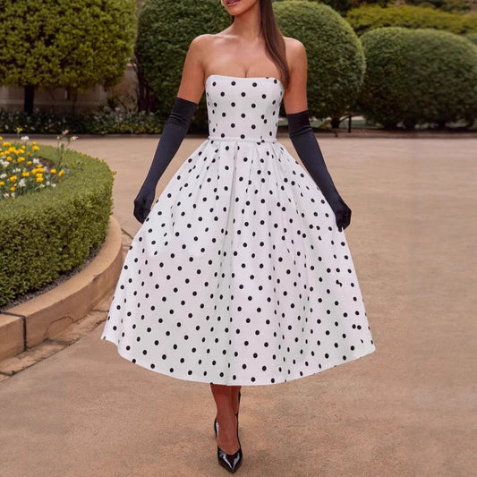 Polka Dot Tube Top Dress Waist Trimming Fashion Women
