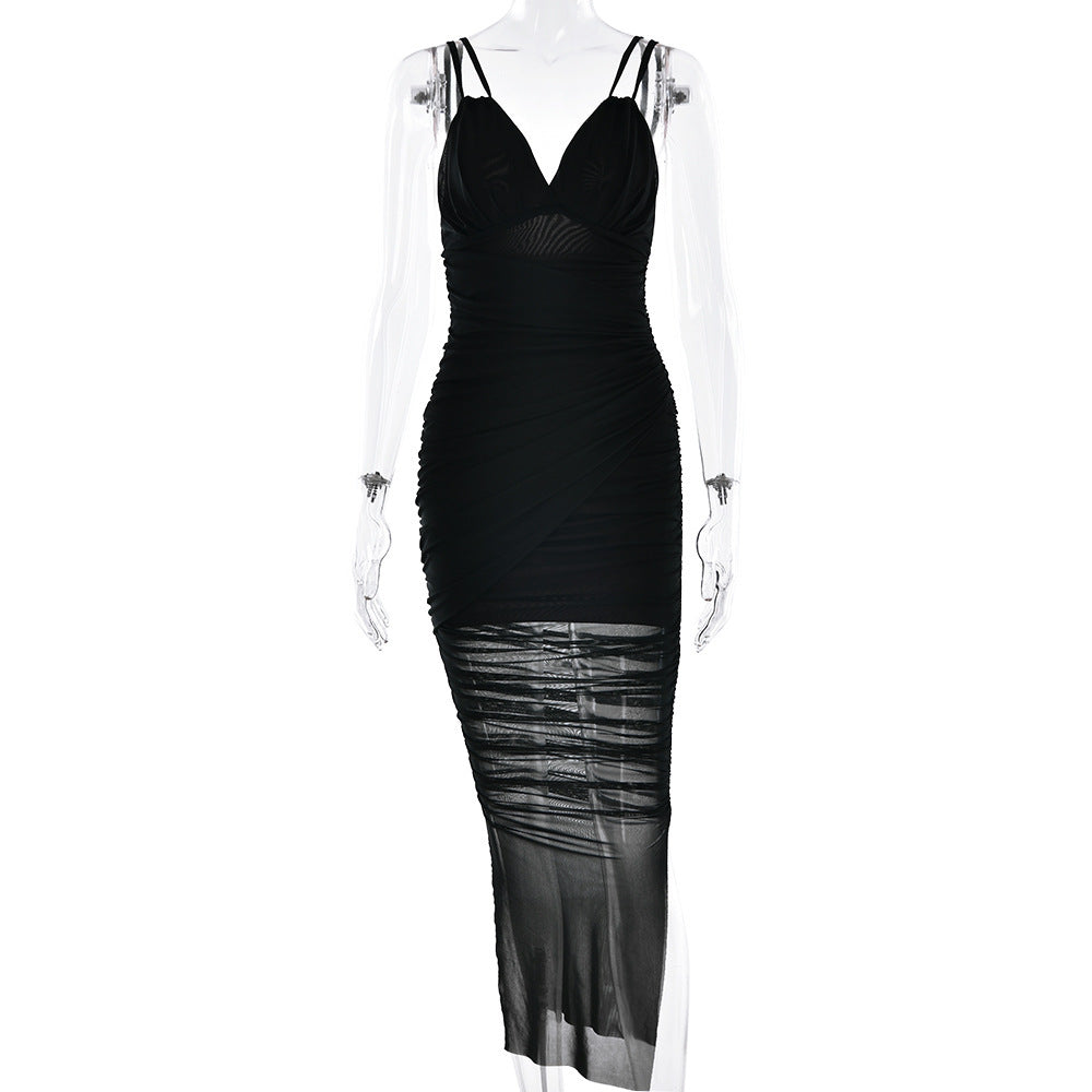 European And American INS Style Sling Deep V Hot Girl Dress Sexy Pleated
