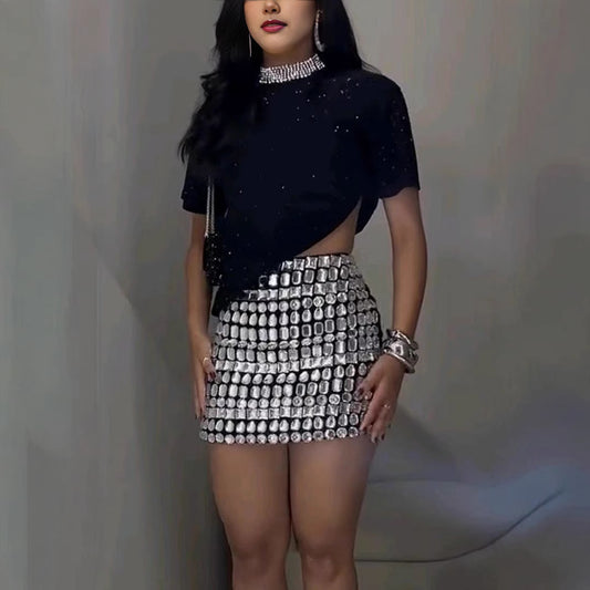 Fashion Casual Rhinestone Short Sleeve Coat Skirt Suit