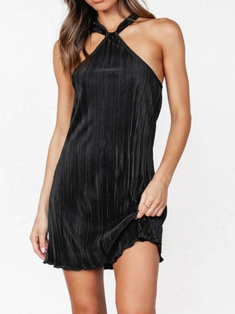 Casual Bottoming Halter Solid Color Toothpick Pleated Sexy Dress