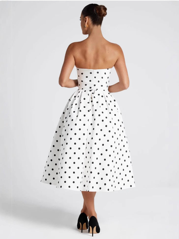 Polka Dot Tube Top Dress Waist Trimming Fashion Women