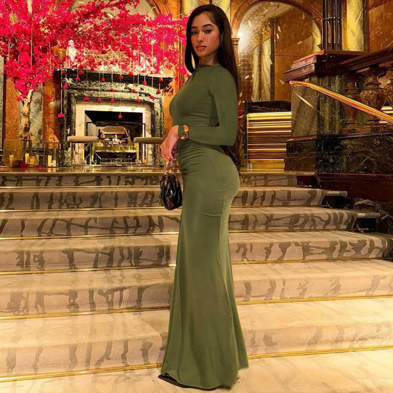 Fashionable Elegant Slim-fit Pleated Round-neck Long-sleeved Dress