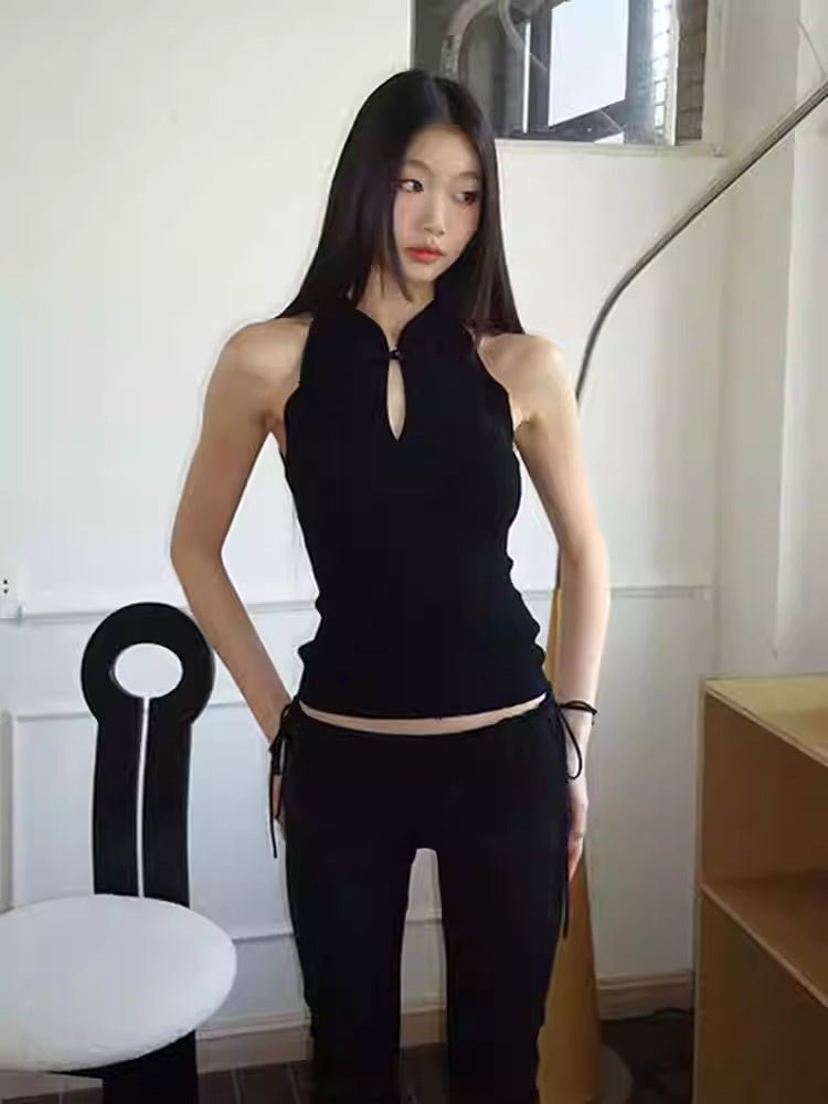 Stand Collar Retro Buckle Black Knitted Vest Women's Short Sleeveless Top