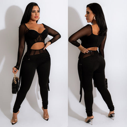 Sexy Mesh See-Through Long-Sleeved Two-Piece Trouser Suit