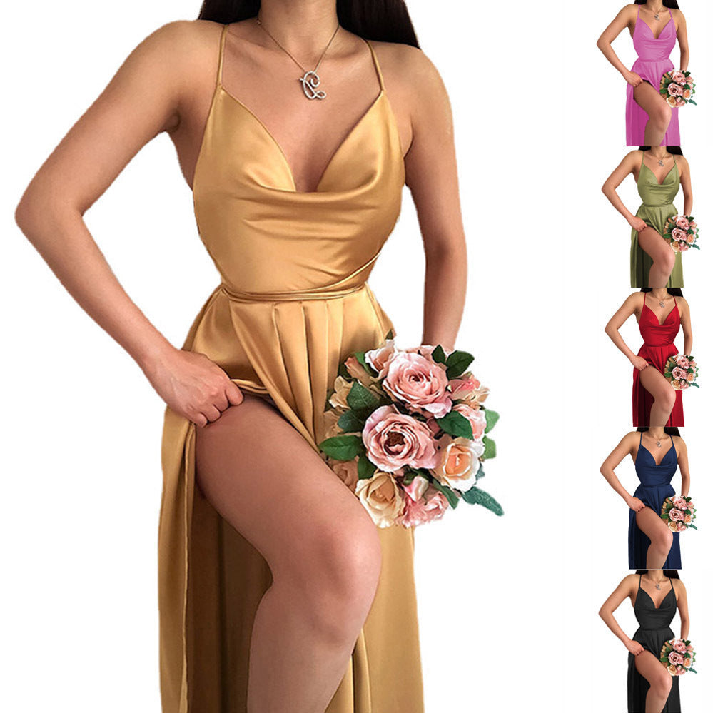 Solid Color Backless Pockets Collar A Swing Sling Dress Women