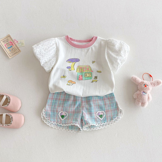 Girls' Bubble Sleeve T-shirt Cartoon Doll Shirt Embroidered Plaid Shorts