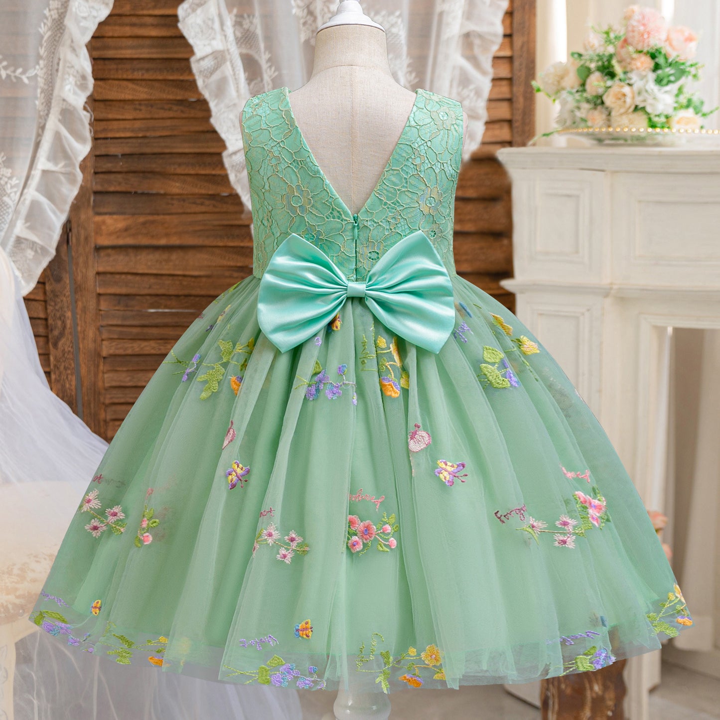 Summer Girls' Korean-style Flower Embroidered Mesh Puffy Birthday Dress