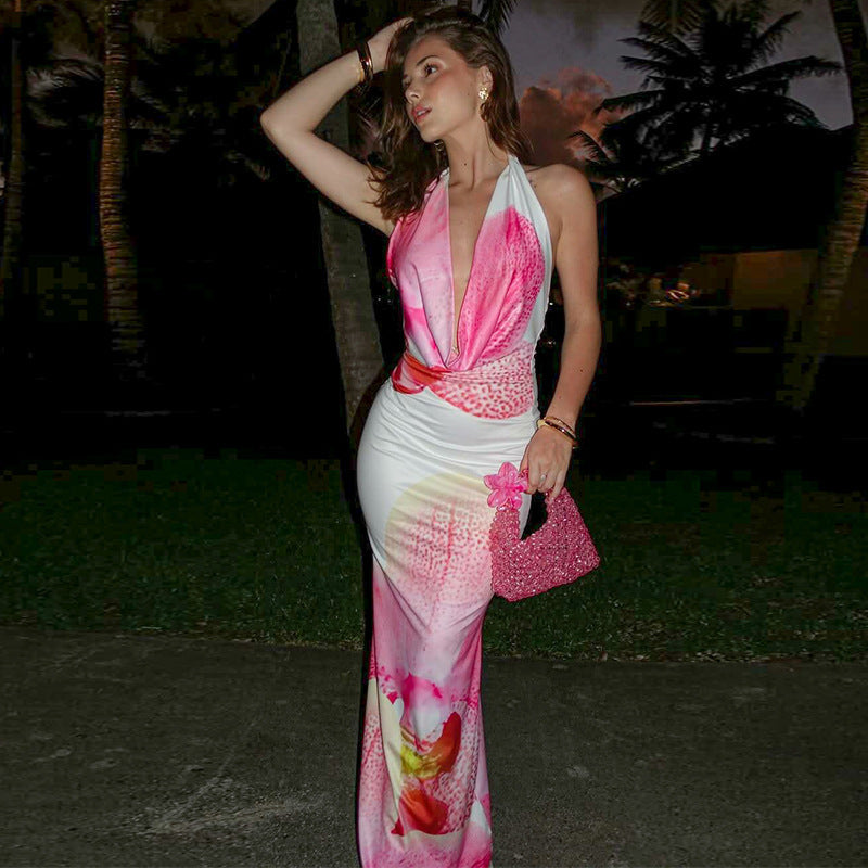 European American Fashion Floral Print Waist-tight Slim Backless Lace-up Dress