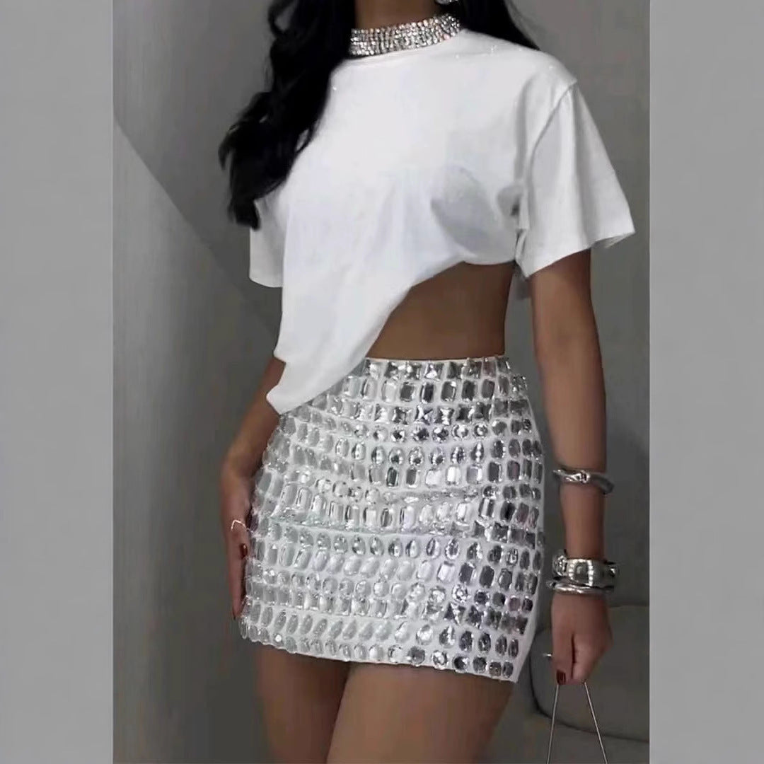 Fashion Casual Rhinestone Short Sleeve Coat Skirt Suit