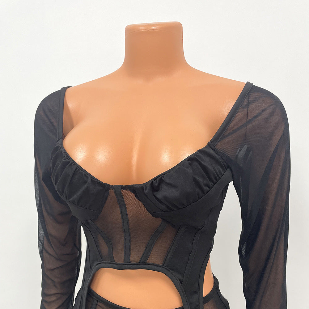 Sexy Mesh See-Through Long-Sleeved Two-Piece Trouser Suit