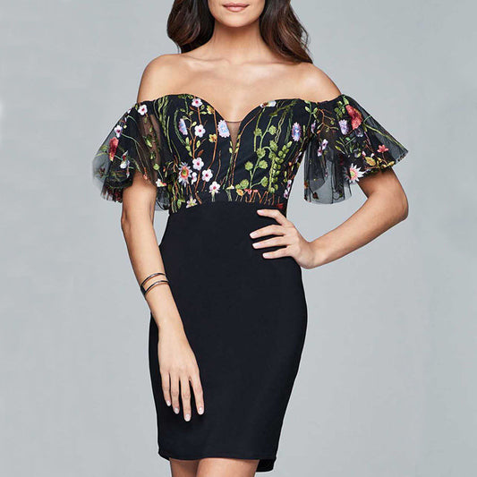 European And American Mesh Embroidery Sexy Lace-up Dress