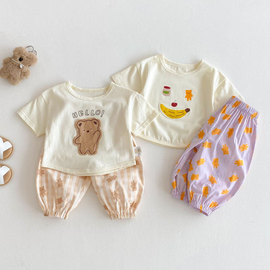 Children's Suit Bear T-shirt Patch Cartoon Casual Pants Two-piece Set